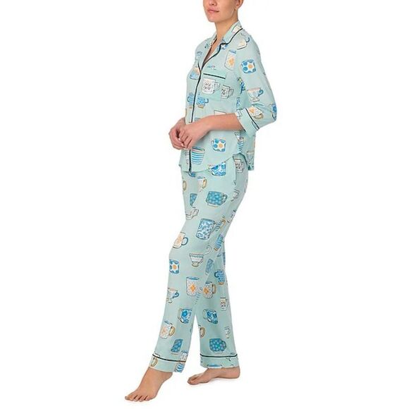 kate spade XLβLight Blue Tea Coffee Print Notch Collar 3/4 Sleeve Pants PJ Set - Picture 3 of 17